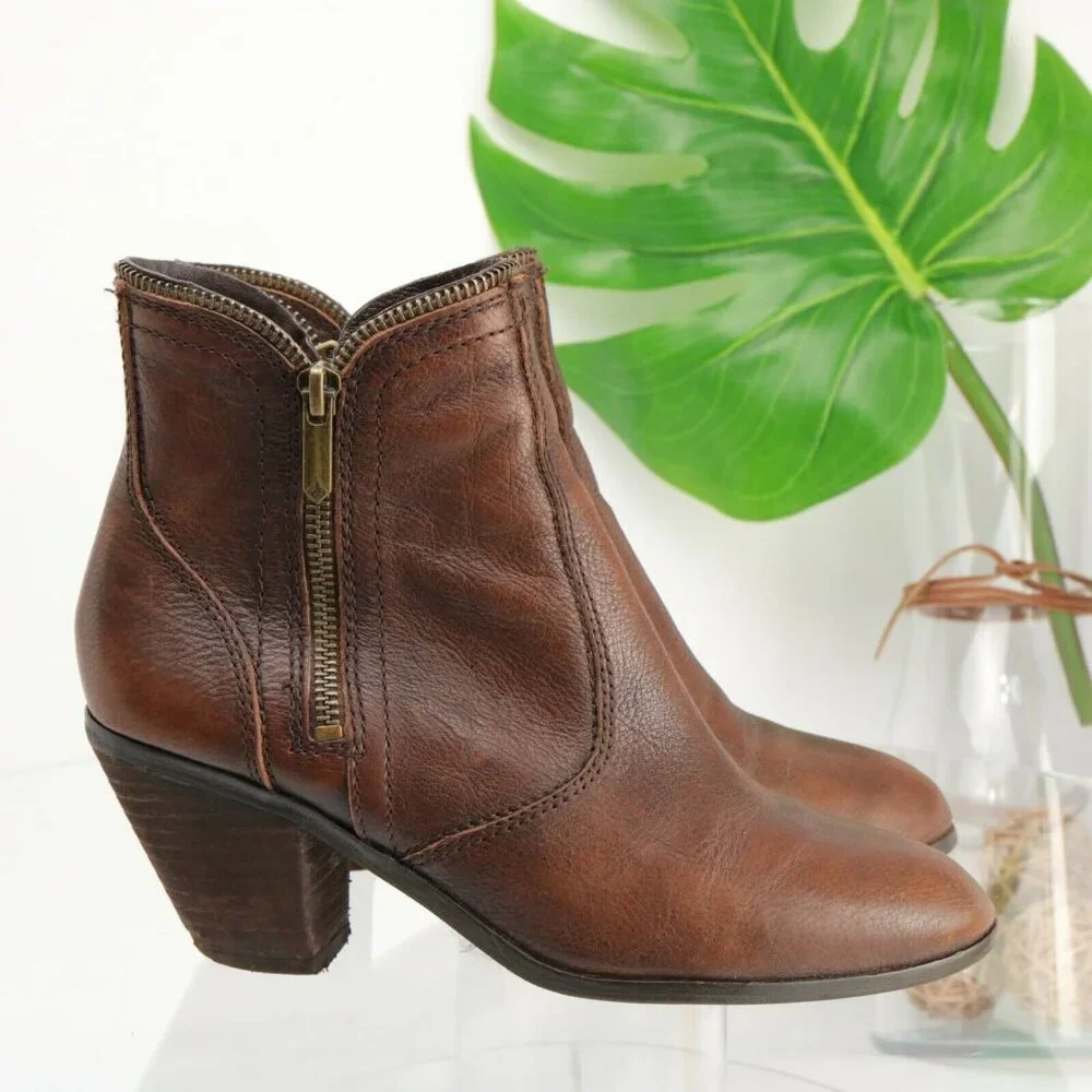 Sam Edelman Womens Linden Boot Size 7 Brown Leather Western Block Heel  Zip Edge